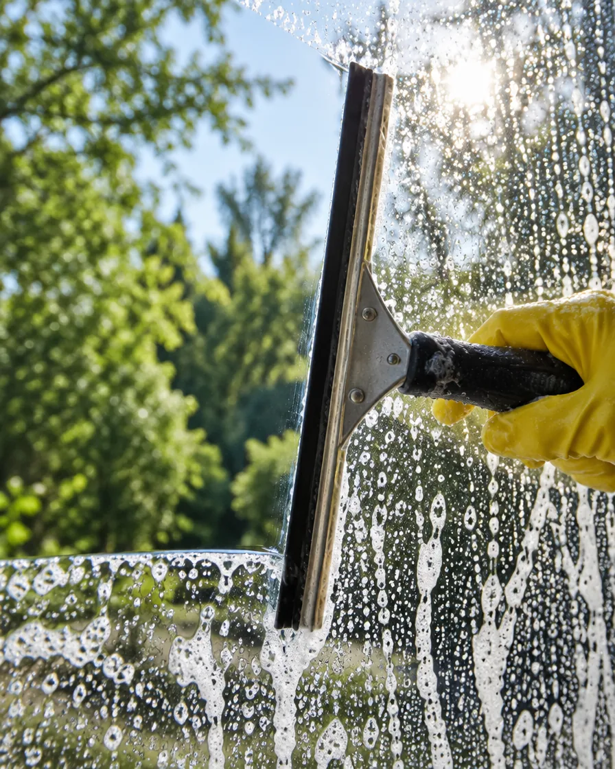Fensterabzieher zieht eine saubere Bahn durch Seifenschaum auf einer Glasscheibe