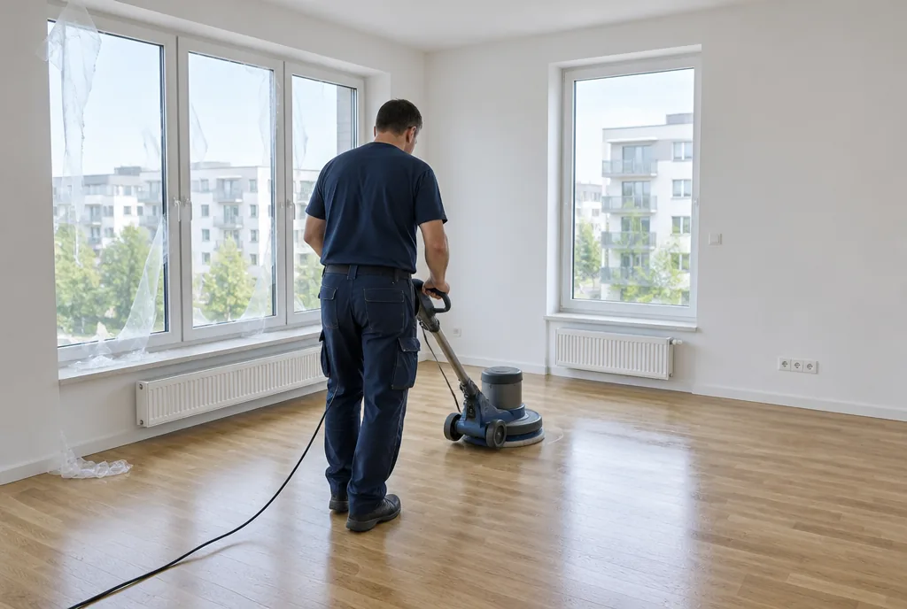 Grundreinigung mit Bodenmaschine in einer frisch renovierten Wohnung