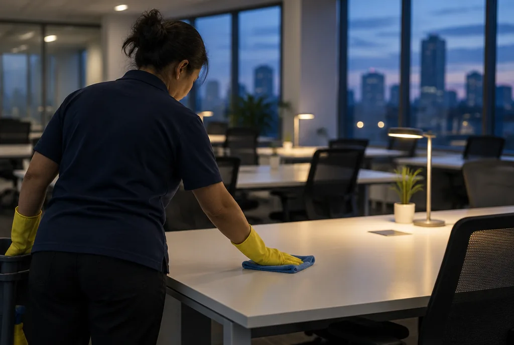 Reinigungskraft wischt am Abend einen Schreibtisch im Büro ab