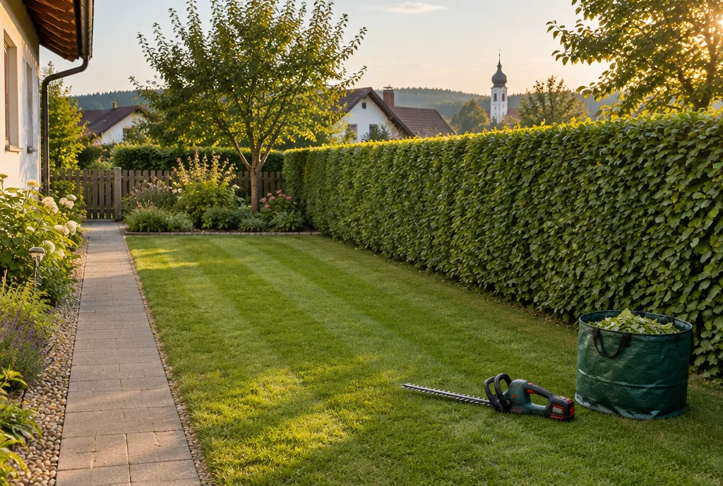 Frisch geschnittene Hecke und gemähter Rasen im Abendlicht