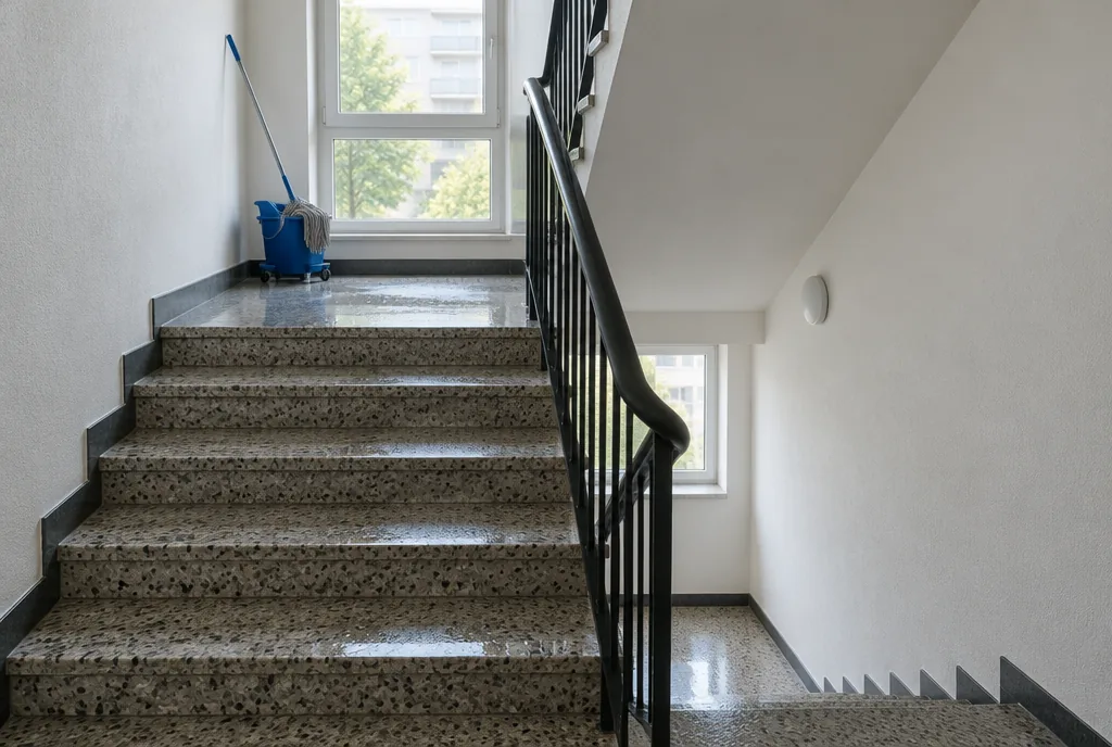 Frisch gewischtes Treppenhaus in einem Mehrfamilienhaus
