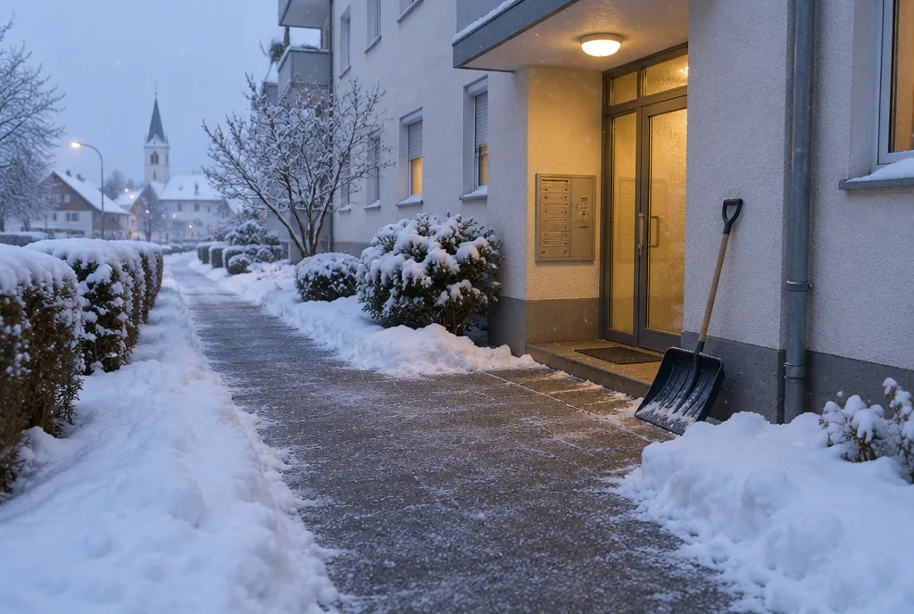 Geräumter und gestreuter Gehweg vor einem Wohnhaus im Winter